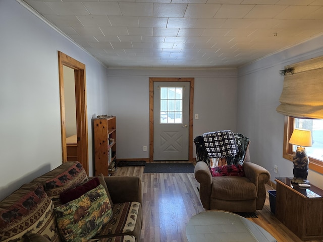 interior space with crown molding, wood finished floors, and a healthy amount of sunlight