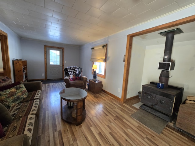 living room featuring a wood stove, plenty of natural light, baseboards, and wood finished floors