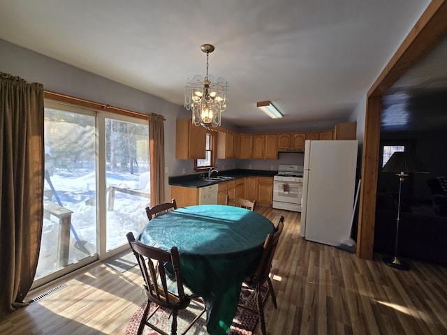 kitchen featuring white appliances, wood finished floors, a sink, dark countertops, and pendant lighting