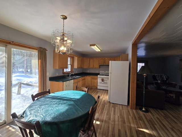 kitchen with white appliances, dark countertops, light wood-style flooring, decorative light fixtures, and a sink