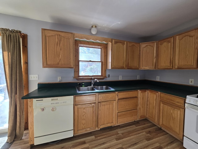 kitchen featuring white appliances, a sink, brown cabinetry, dark countertops, and dark wood finished floors