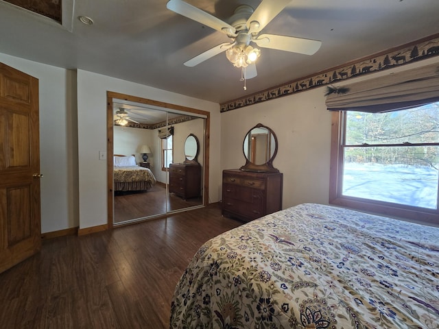 bedroom with a closet, multiple windows, a ceiling fan, and dark wood-type flooring