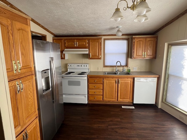 kitchen with white appliances, brown cabinetry, light countertops, a sink, and exhaust hood