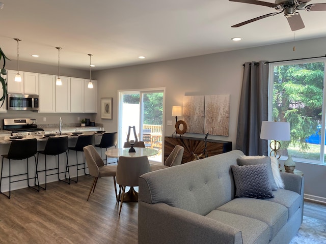 living room with a wealth of natural light, dark wood-type flooring, and recessed lighting