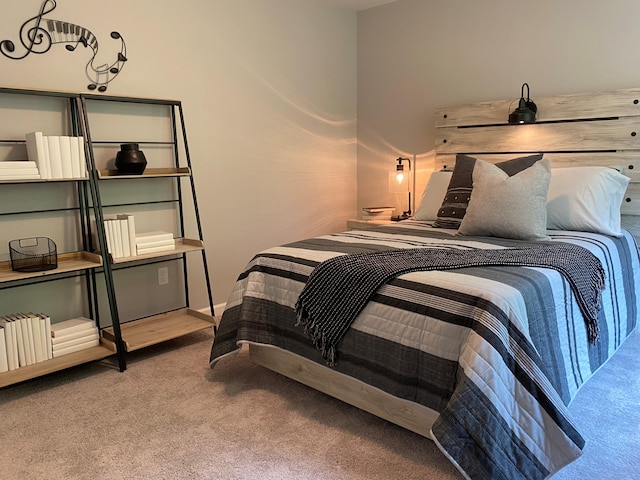 bedroom with light colored carpet