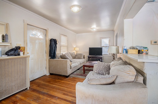 living area featuring hardwood / wood-style flooring and crown molding