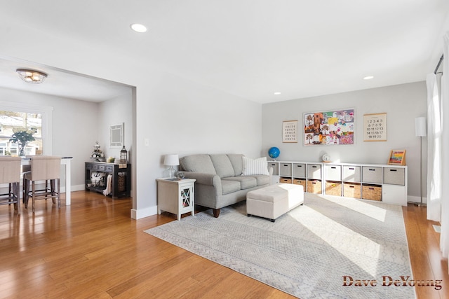 living area with recessed lighting, baseboards, and wood finished floors