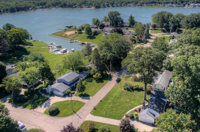 drone / aerial view featuring a water view