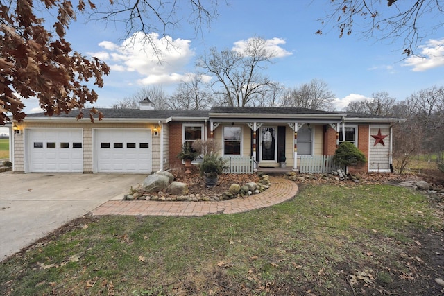 ranch-style home with a porch, concrete driveway, brick siding, and an attached garage