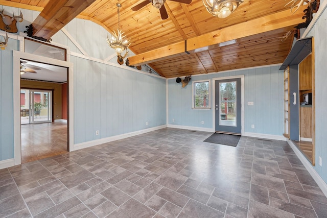 spare room with wooden ceiling, ceiling fan, lofted ceiling with beams, and baseboards