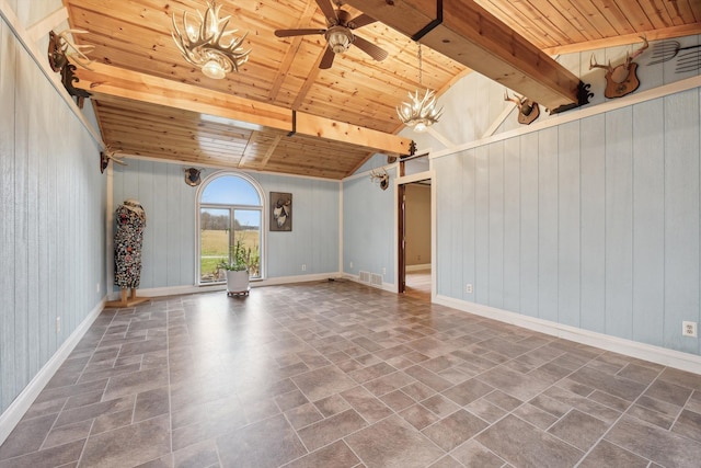 spare room with visible vents, baseboards, lofted ceiling with beams, wooden ceiling, and ceiling fan with notable chandelier