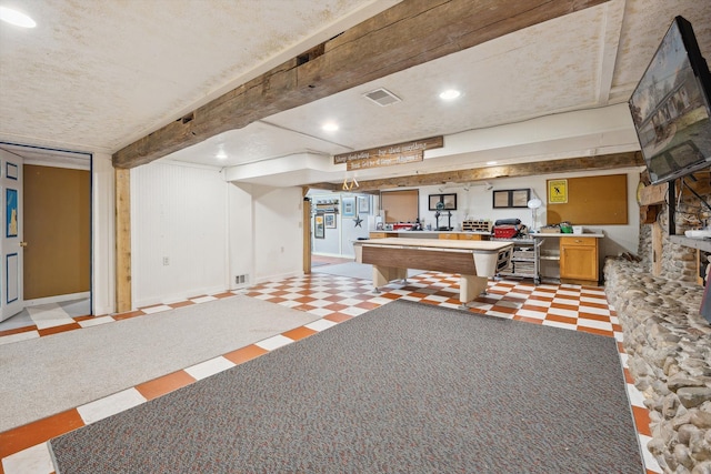 finished basement featuring recessed lighting, visible vents, billiards, and light floors