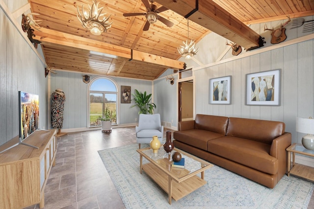 living area featuring a ceiling fan, wood ceiling, vaulted ceiling with beams, and baseboards