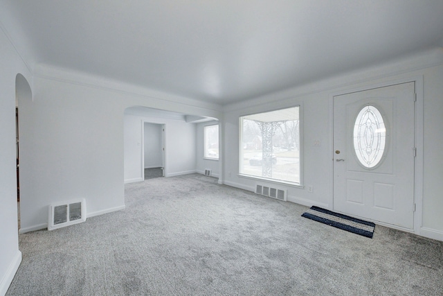 carpeted foyer entrance with plenty of natural light, visible vents, and baseboards