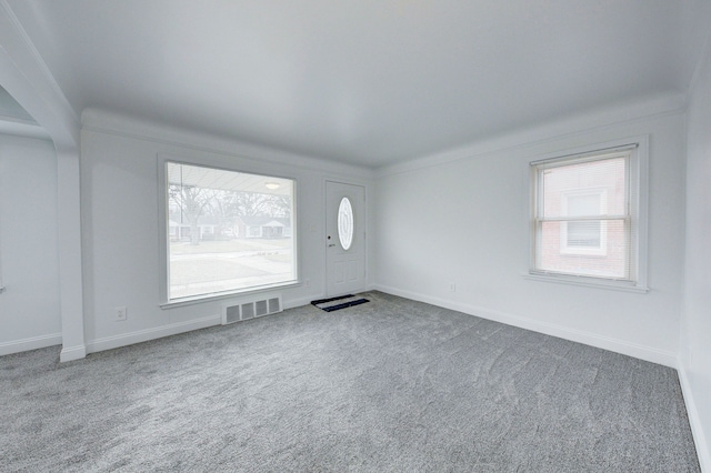 foyer entrance featuring baseboards, carpet, visible vents, and a wealth of natural light