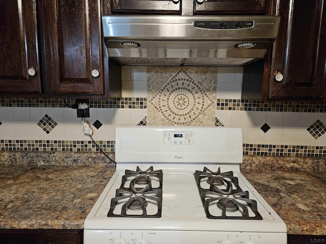 kitchen featuring dark brown cabinets, ventilation hood, gas range gas stove, and decorative backsplash