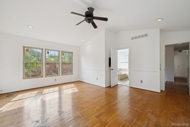 1869 Midchester Dr, West Bloomfield, MI 48324 - empty room with a ceiling fan, baseboards, wood finished floors, high vaulted ceiling, and recessed lighting