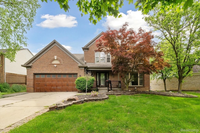 1869 Midchester Dr, West Bloomfield, MI 48324 - view of front of home with brick siding, an attached garage, concrete driveway, a front yard, and a porch