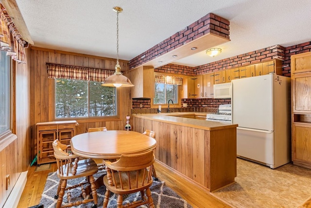 interior space with white appliances, light countertops, wood walls, and decorative light fixtures