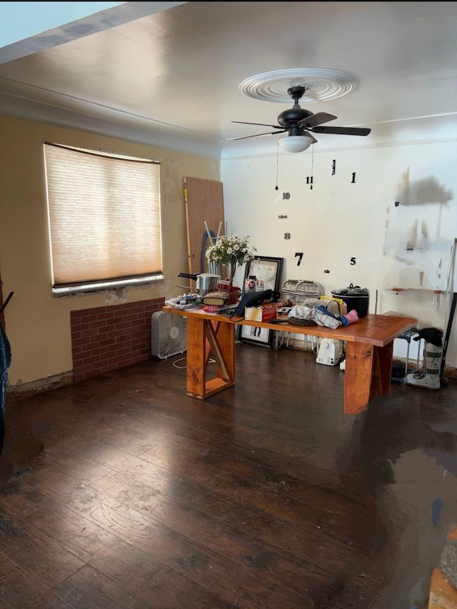 interior space with a ceiling fan and hardwood / wood-style floors