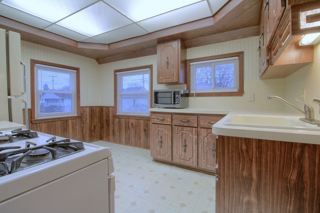 kitchen featuring a wainscoted wall, light floors, light countertops, a sink, and white appliances