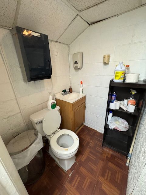 bathroom featuring concrete block wall, toilet, and vanity