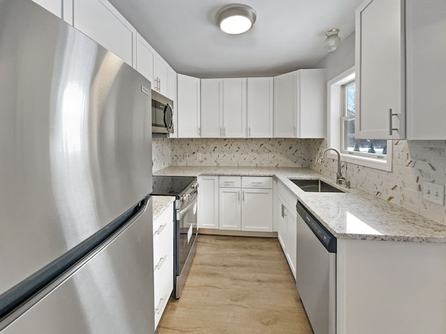 kitchen featuring stainless steel appliances, white cabinets, a sink, and backsplash