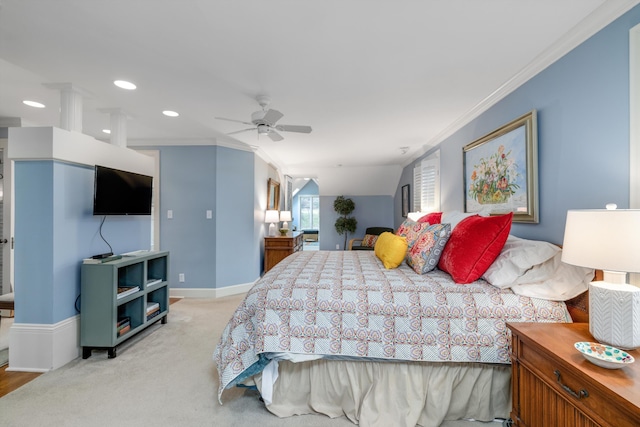 bedroom with recessed lighting, light colored carpet, a ceiling fan, baseboards, and ornamental molding