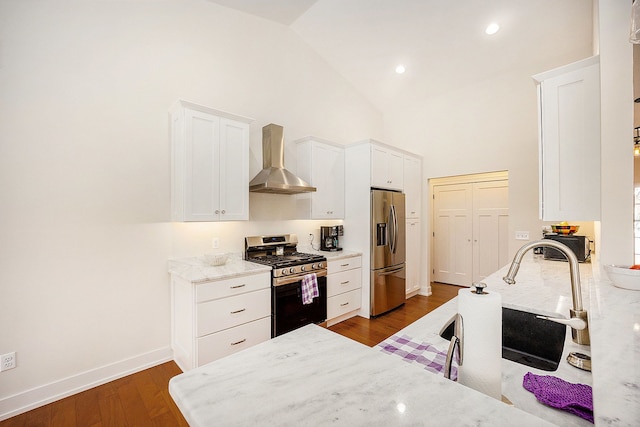 12341 Twin Brook Dr, Romeo, MI 48065 - kitchen featuring a sink, white cabinetry, wall chimney exhaust hood, appliances with stainless steel finishes, and dark wood-style flooring