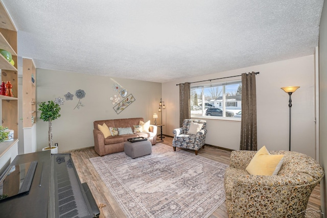 living room featuring a textured ceiling and wood finished floors