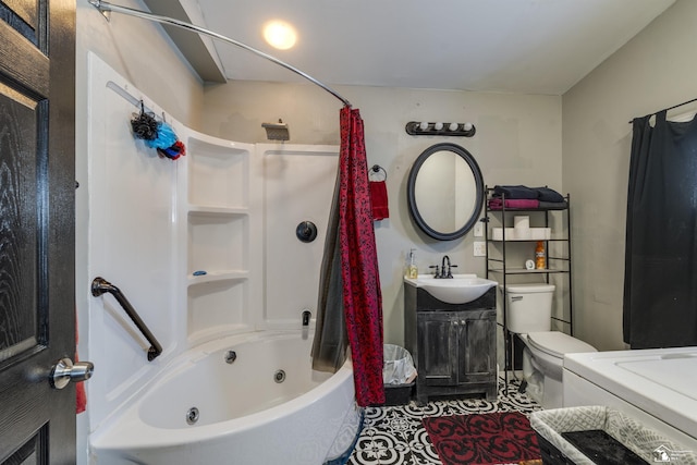 full bathroom featuring toilet, a combined bath / shower with jetted tub, and vanity