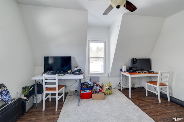 home office with dark wood-style floors and ceiling fan