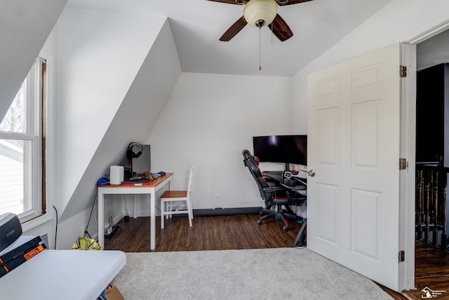 office area with lofted ceiling, dark wood-style floors, and a ceiling fan