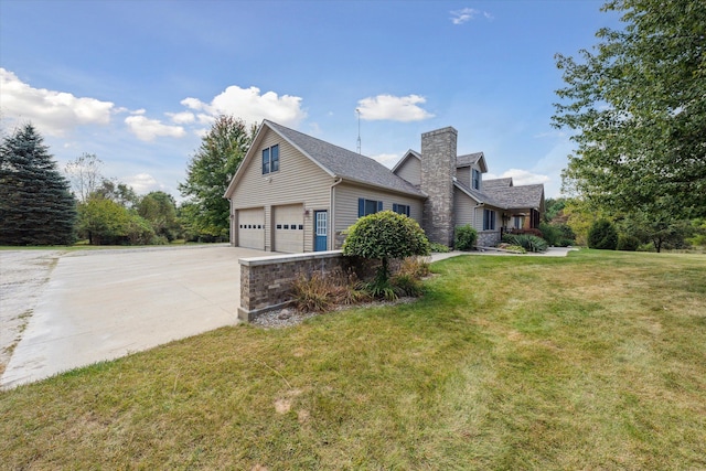 view of front of home featuring an attached garage, concrete driveway, stone siding, a chimney, and a front yard