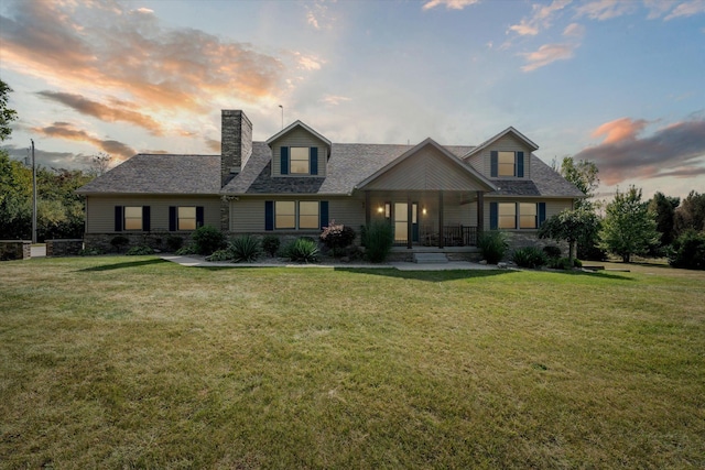 view of front of home with covered porch, stone siding, a chimney, and a yard