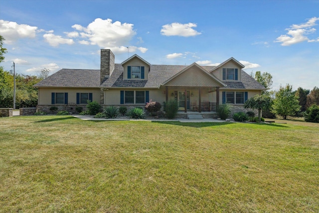 view of front facade featuring covered porch and a front lawn