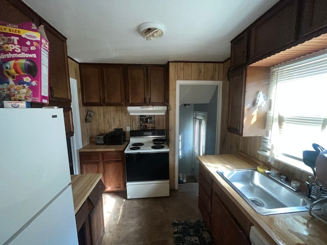 kitchen with freestanding refrigerator, a sink, wooden walls, range with electric cooktop, and under cabinet range hood