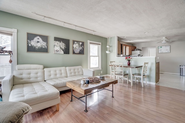 living area featuring baseboards, light wood-style flooring, and a textured ceiling