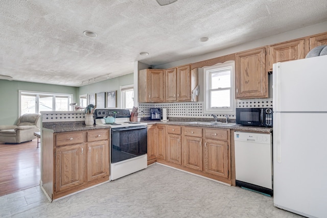 kitchen featuring a peninsula, white appliances, a sink, open floor plan, and a wealth of natural light