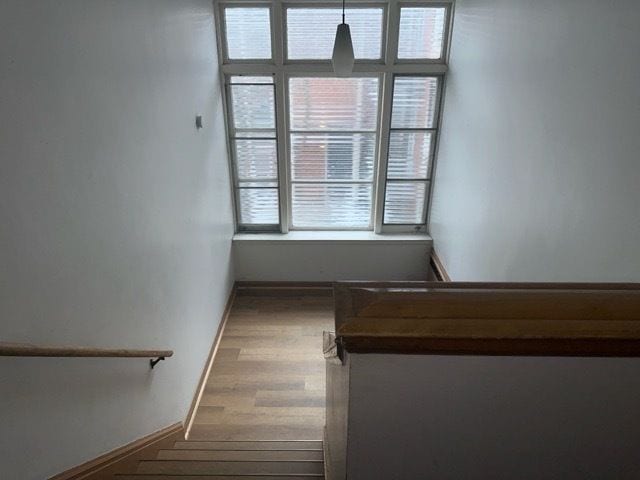 staircase with baseboards and wood finished floors