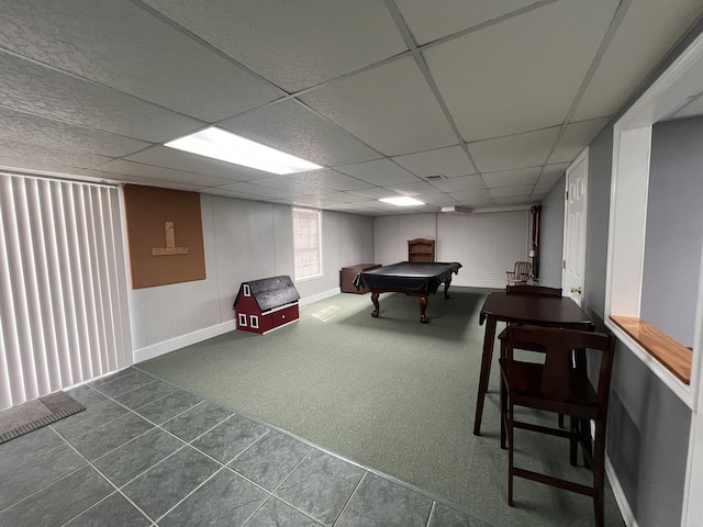 rec room with billiards, baseboards, tile patterned flooring, carpet flooring, and a paneled ceiling