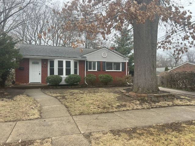 single story home featuring roof with shingles and brick siding