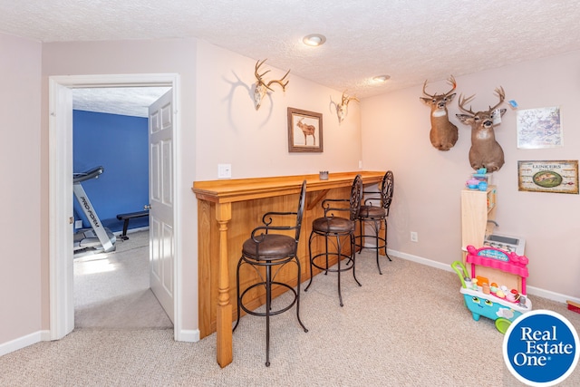 bar with a bar, carpet, baseboards, and a textured ceiling