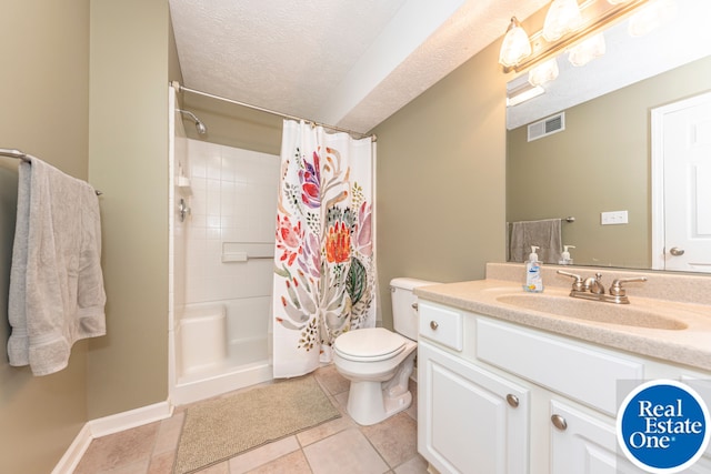 full bathroom featuring visible vents, tile patterned floors, curtained shower, a textured ceiling, and vanity