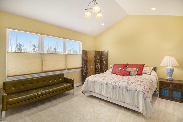 carpeted bedroom with recessed lighting, a notable chandelier, and vaulted ceiling