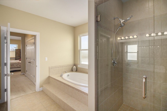 full bath featuring a garden tub, a stall shower, connected bathroom, and tile patterned floors