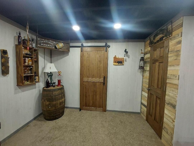 interior space featuring baseboards and a barn door