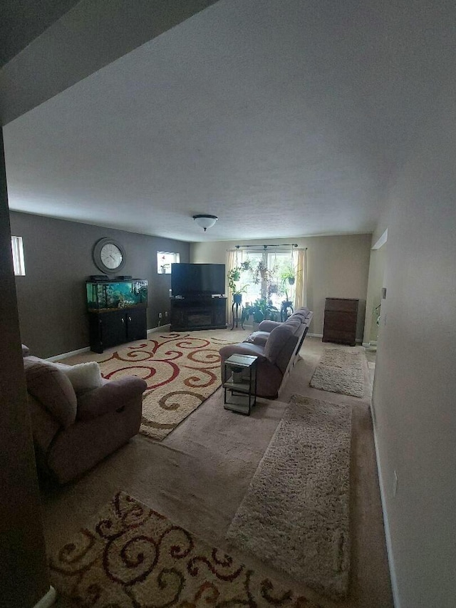 living room featuring baseboards and carpet flooring