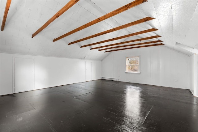 bonus room with lofted ceiling with beams and a baseboard radiator