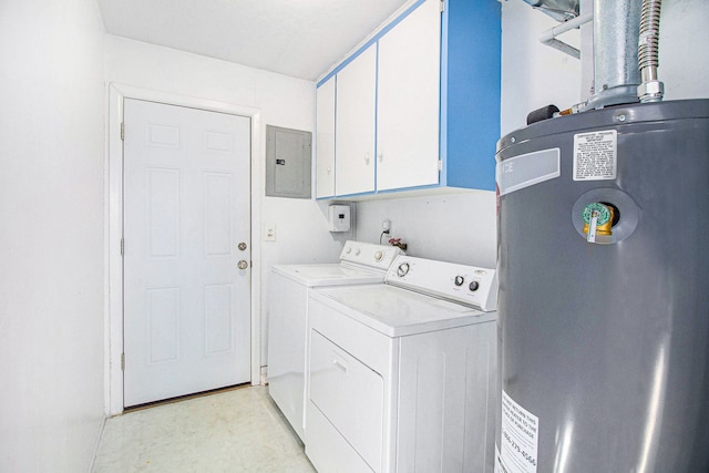 laundry area featuring electric panel, cabinet space, washing machine and clothes dryer, and water heater